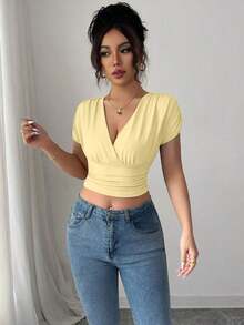 Camiseta casual de mujer con cuello en V y cruce en la cintura - Amarillo - Ver 3