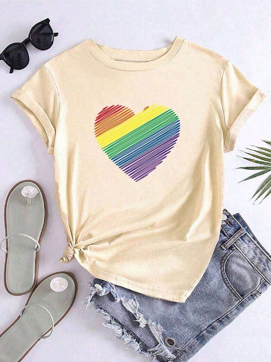 Camiseta casual de mujer de corte holgado con estampado gráfico de coloridas líneas de amor, adecuada para llevar a diario en casa para hacer deportePure-Cotton - Albaricoque - Ver 1