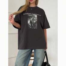 Camiseta informal de estilo americano, personalizada, de algodón estampado, holgada, versátil, elegante, de manga corta, estilo retro de Hong Kong, para mujer. - Negro - Ver 1