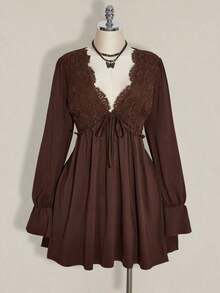 ICON Vestido mini de talla grande de unicolor casual con parches de encaje para mujer, ropa de otoño - Marrón - Ver 3