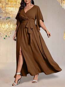 Vestido maxi elegante de fiesta con abertura, cuello en V ajustado, mangas acampanadas y cintura fruncida, talla grande para mujer - Marrón - Ver 3