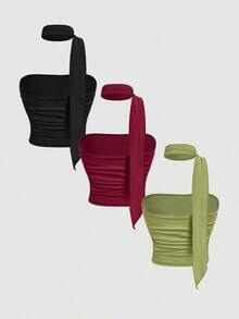 MOD Set de 3 piezas de top de camisola de punto ajustado con pliegues y corbata para mujeres - Multicolor - Ver 2