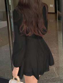 Vestido mini de manga larga con cuello redondo para mujer, de color rosa, vestido de verano para primavera/verano/otoño - Negro - Ver 2