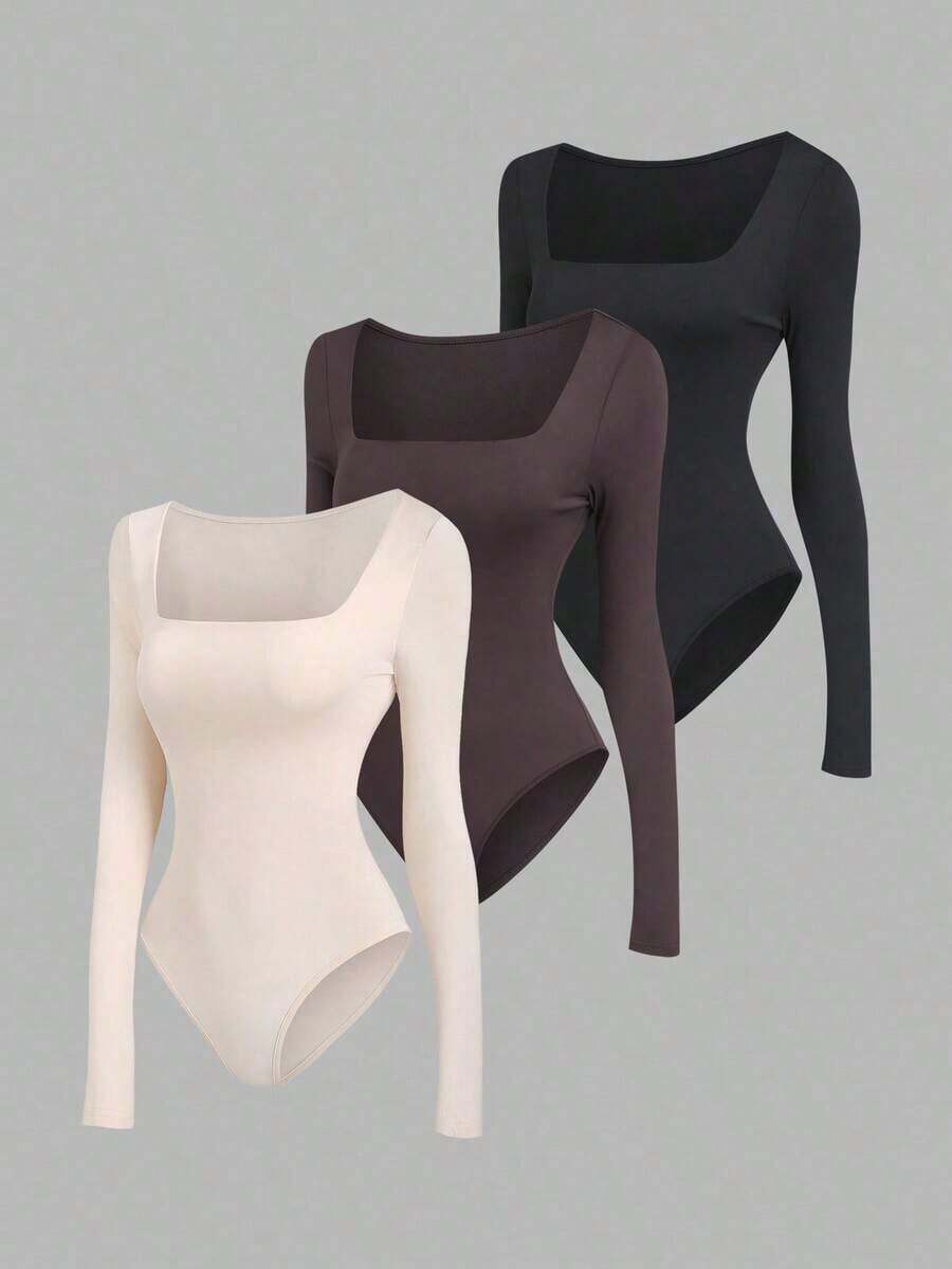 Sweetro Set de 3 bodys de manga larga para mujer en color albaricoque, marrón café y negro, de ajuste ceñido y estilo minimalista y versátil para el día a día - Multicolor 5 - Ver 1