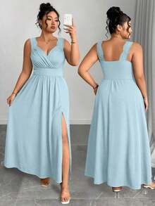 Elenzya Vestido línea A con cuello en V, contraste de encaje, tirantes finos y abertura para tallas grandes - Celeste - Ver 8