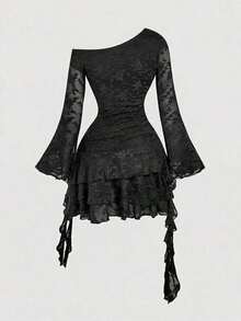 MOD Vestido asimétrico con volantes para mujer talla grande en color marrón oscuro, vestido marrón oscuro, vestido marrón café, vestido corto marrón, vestido, vestido de otoño/invierno, vestido de Navidad, vestido de Año Nuevo, vestido de Acción de Gracias, vestido de fiesta, disfraces de Navidad, vestidos de fiesta para mujer, vestido de fiesta de Navidad - Negro - Ver 5