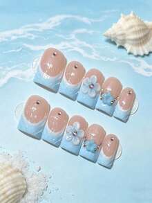 10 móng giả thủ công, kiểu Pháp lượn sóng hoa 3D màu xanh dương, hình vuông, mang đến cảm giác nghỉ dưỡng biển cả, có thể tháo rời, tươi tắn và rạng rỡ, quà tặng Ngày của Mẹ. - Nhiều màu - Xem 12