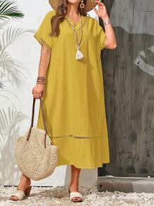 Vestido casual holgado de unicolor con cuello en V y mangas cortas para mujer de talla grande - Amarillo - Ver 6
