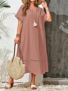 Vestido casual holgado de unicolor con cuello en V y mangas cortas para mujer de talla grande - Rosa vieja - Ver 6