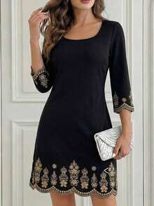Medorina Vestido elegante de mujer con cuello cuadrado y ajuste delgado, bordado. Atuendo de vacaciones para mujeres en primavera y verano - Azul marino - Ver 9