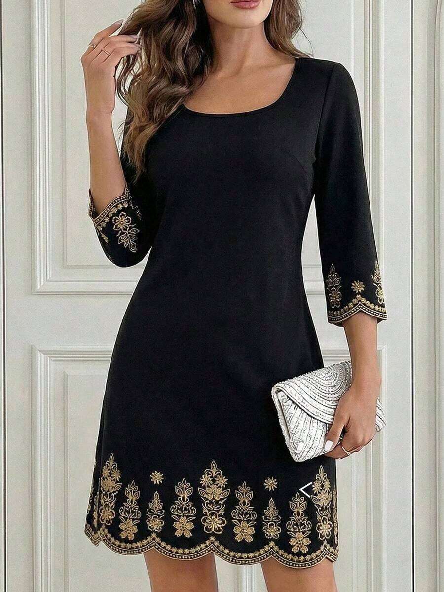 Medorina Vestido elegante de mujer con cuello cuadrado y ajuste delgado, bordado. Atuendo de vacaciones para mujeres en primavera y verano - Negro - Ver 1