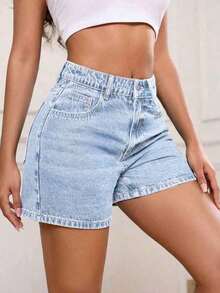 Shorts vaqueros de mujer de talle alto, versátiles, con lavado vintage, de corte holgado y longitud a la rodilla, en estilo casual retro, moda de verano - Lavado ligero - Ver 3