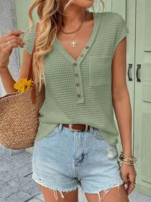 Camiseta de punto de gofre de cuello en V sólido, de manga corta, casual para primavera y verano - Verde - Ver 4