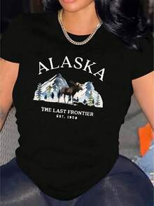 Camiseta Casual de Manga Corta para Mujer Alaska, 1 pieza, 100% algodón grueso - Cuello redondo cómodo, top suave y bonito - Negro - Ver 6
