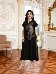 2026 New Style Ramadan Traditional Elegant Black Dress With Gold Embroidery, Jalabia V-Neck Fashion Dress, Eid Al-Adha Traditional Clothing - Black - View 4