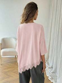Camiseta casual de mujer con dobladillo asimétrico de encaje de unicolor, uso básico diario, blusa casual de primavera/verano para vacaciones de mujer, vacaciones de verano para mujer, primavera para mujer, vacaciones de primavera, top para ir - Rosa Pálido - Ver 2