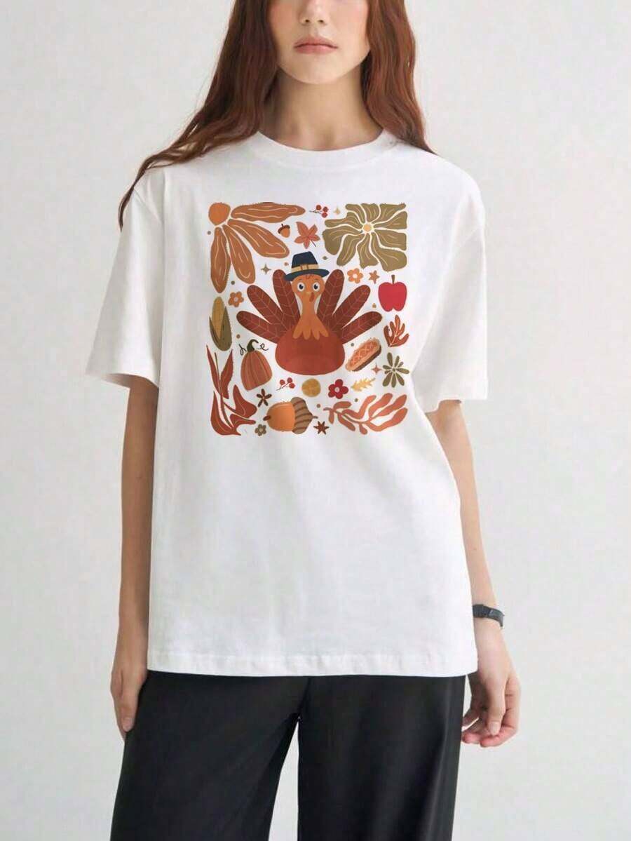 Women's Short-Sleeved T-Shirts With Interesting Prints, Beautiful Clothing. White T-Shirt With A Turkey Print And Autumn Harvest Theme For Thanksgiving. - 白色 - 查看 1