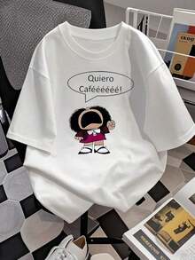 Minimalist Women's Casual White T-Shirt With A Fun Cartoon Print, Comfortable Crew Neck T-Shirt For Coffee Lovers, Unique Graphic Design, Perfect For Everyday Wear, Soft And Breathable Fabric. Simple Solid Color Women's T-Shirt, Loose And Fitted Cut, Casual Short Sleeve - 白色的 - 查看 3