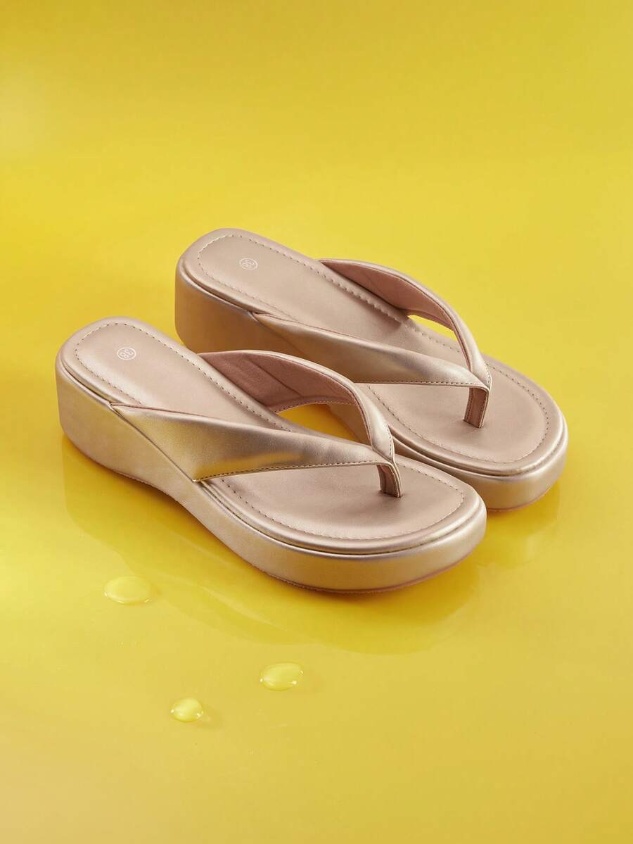 Trivaya Women's Thick Platform Retro Flip Flops,Spring Summer Outfits - Gold - View 1