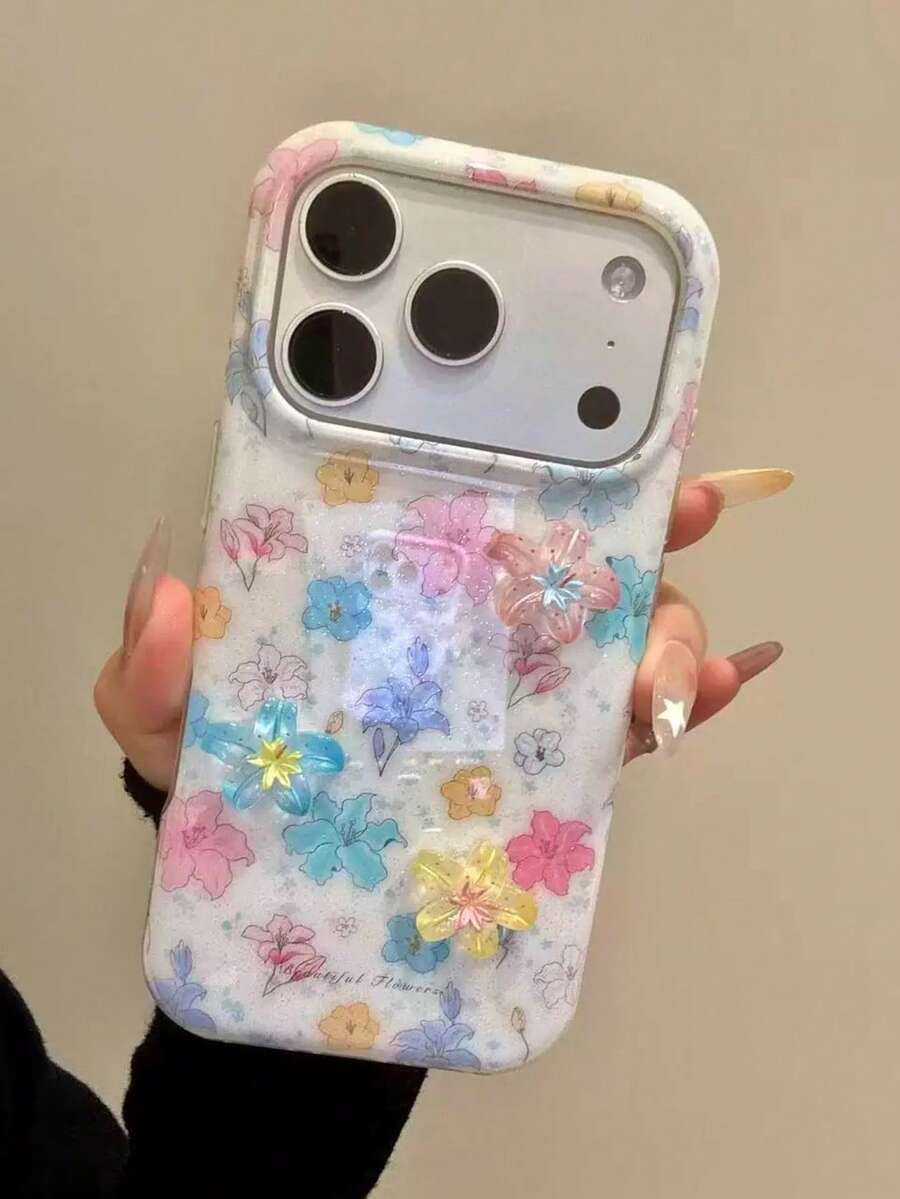 彩色百合花 3D 適用於 iPhone 16/17 Pro Max/ 15 Pro 手機殼,女性防摔創意新款保護套 - 白色 - 查看 1