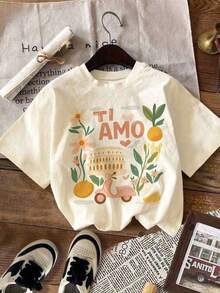 Short-Sleeve Round Neck DrmWander Women's Summer T-Shirt Set, Casual Resort Style With Print, Suitable For Spring And Summer, Travel And Tourism Option Women's Casual Blouses 100% Cotton - 杏子 2 - 查看 6
