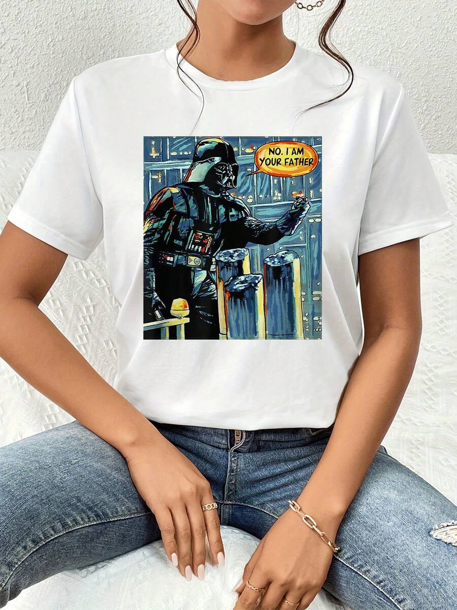 The Image Shows An Iconic Science Fiction Character Extending Their Hand With An Emblematic Phrase That Symbolizes Power, Mystery, And Family Bonds, Conveying Strength And Legacy In Every Detail. This Comfortable And Modern Casual Women's T-Shirt Is Perfect For Everyday Wear. - 白色 - 查看 1