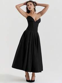 Vestido primaveral strapless con corsé estructural espalda descubierta corte A elegante sensual y moderno estilo moda europea para mujer - Negro - Ver 3