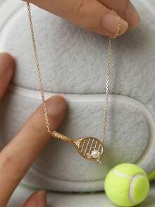 1pc Luxury Sports-Inspired Tennis Racket Faux Pearl Necklace, Fashionable Exquisite High-End Versatile Retro Jewelry Gift For Women - A Necklace - View 8