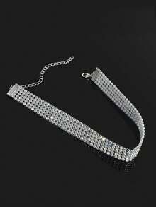 1pc Sparkling Crystal Choker Necklace, Suitable For Women's Wedding, Party And Daily Wear - Silver - View 3