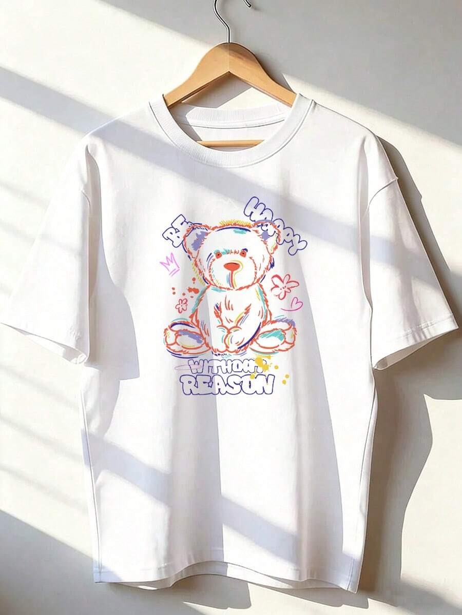 T-Shirt With Graffiti-Style Teddy Bear And "Be Happy" Text, Short-Sleeve T-Shirt For Spring/Summer 2026, Made In Mexico, 180 Grams. Cartoon Print, Couple Design, Suitable For Indoor Or Outdoor Wear. Crew Neck, Unisex, Ideal For The Office And Leisure. One-Pack. - WH-P631577SLNDXZGY498 - 查看 1