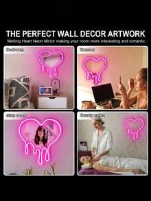 Baby Room Heart-Shaped Neon Sign Heart-Shaped Melted Wall Decoration, Pink USB Powered LED Lights, Fused Heart Art Mirror, Home Decoration Wall Mirror, Very Suitable For Bedroom, Girl's Room, Party, Studio, Beauty Salon, Tattoo Shop, Store Decoration. Great Birthday Gift - Multicolor - View 7