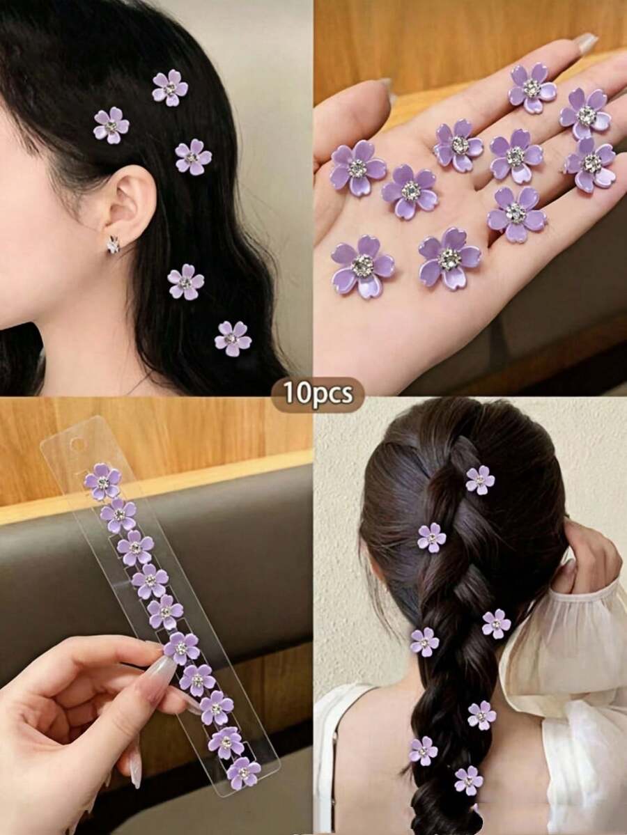10 piezas Pinzas para el cabello con diseño floral, accesorios de cabello de estilo dulce, adecuados para uso diario (sin tarjeta) - Morado - View 1