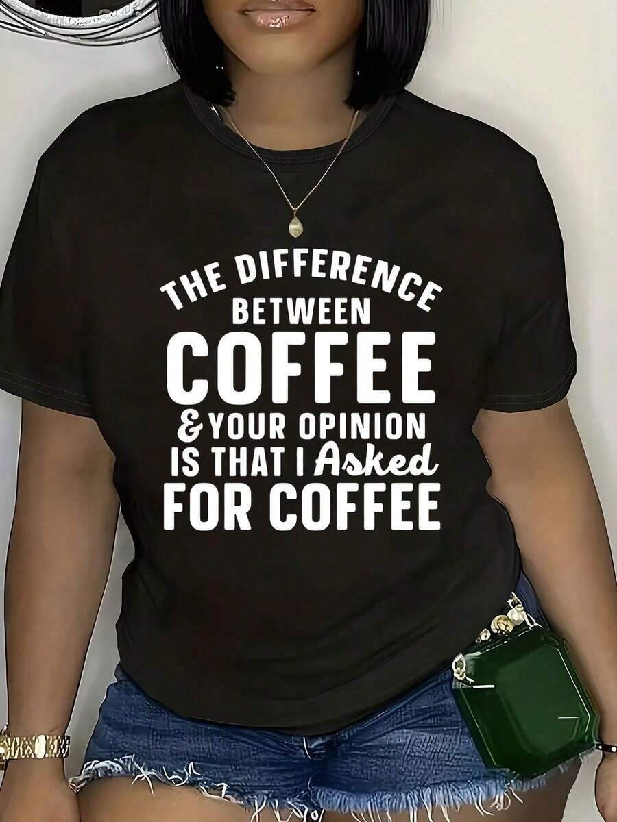 Camiseta Divertida con Frases de Café para Mujer - Talla Grande, Corte Holgado, Estampado en Blanco y Negro - Camiseta Elástica de Cuello Redondo y Manga Corta - Lavable a Máquina, Camiseta Casual para Uso Diario, Perfecta para Amantes del Café - Regalo Humorístico para Baristas y Adictos al Café - Prenda de Moda con Estampado Geométrico para Primavera/Verano - Diseño Cómodo en Tallas Grandes - Estilo Divertido con Temática de Café - Negro - Ver 1