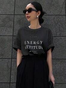 Camiseta suelta de cuello redondo con estampado de letras de manga corta para mujer "Keep Smiling ENERGY ATTITUDE See The Good Time For You", camiseta de verano oversize con gráficos,regalos para mamá, flash oferta,ofertas relámpago,Envío local,nacional envio Blusas Bonito 100% Cotton - Negro - Ver 6