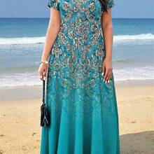 Plus Size Women Fashion Printed Pocket Casual Vacation Dress Summer Elegant - Azul menta - Ver 4