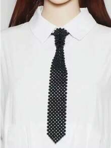 1 Damen Retro Schwer Handgewebtes Perlenhemd Passende Krawatte mit angedeutetem Kragen, Cut-Out - Schwarz - Übersicht 3