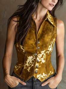 Blusa sin mangas con estampado de solapa para mujer - Amarillo - Ver 5