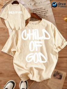Camiseta de manga corta con estampado de la Biblia "Hijo de Dios" (Salmo 23) para niños, para hombres y mujeres, estilo casual holgado y moderno. Camiseta casual de algodón lavado vintage de doble cara, adecuada para vacaciones, salidas, el hogar, actividades al aire libre, regalos y otras ocasiones. - Albaricoque - Ver 7