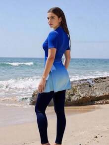Swim Shayni Conjunto de 2 piezas de burkini de verano para mujer con manga corta y pantalón largo en estilo ombré de moda para jóvenes de Oriente Medio - Multicolor - Ver 2