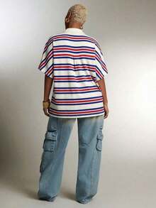 Top Polo a Rayas de Cuello Profundo y Talla Grande, Prendas de Moda - Azul - Ver 5