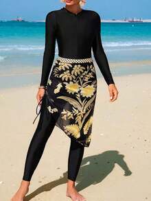 Swim  Conjunto de traje de baño de una pieza con cremallera frontal de manga larga y pantalones largos de unicolor, combinado con un vestido de malla floral como cubierta y falda, conjunto de ropa de playa, ropa de vacaciones, conjunto de atuendos de vacaciones, conjunto de atuendos de crucero, ropa de resort, conjunto de atuendos de vacaciones, conjunto de atuendos de isla para mujer - Multicolor - Ver 6