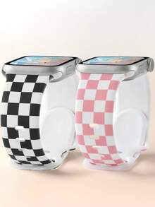 2入款時尚棋盤格印花矽膠錶帶，適用於Apple Watch 38mm 40mm 41mm 42mm 44mm 45mm 49mm (S10 42)mm (S10 46)mm (S11 42)mm (S11 49)mm，女款經典格紋錶帶，相容 Series 11 Ultra 3 SE3 Ultra 2 S10 SE2 9 8 7 SE 6 5 4 3 2 1，適合搭配穿搭、日常配戴與度假 - 彩色 - 查看 1