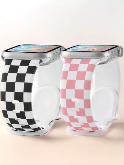 2条装时尚经典格纹硅胶表带，兼容苹果手表表带，尺寸38mm、40mm、41mm、42mm、44mm、45mm、49mm（S10 42mm、S10 46mm），时尚柔软硅胶运动表带，兼容 Series Ultra 2、S10、SE 9、S10 8、S10 7、S10 6、S10 5、S10 4、S10 2、S10 1，适合日常穿着、度假等场合。