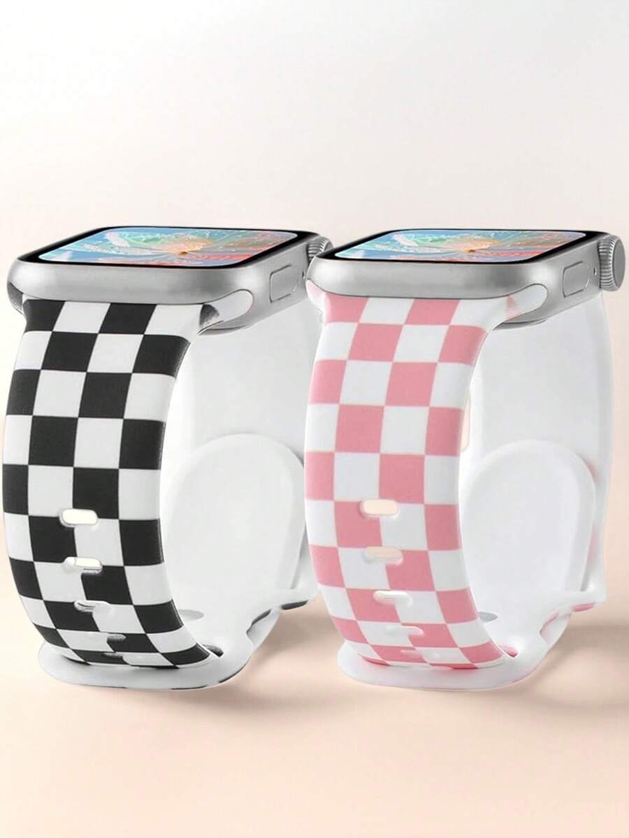 2入款時尚棋盤格印花矽膠錶帶,適用於Apple Watch 38mm 40mm 41mm 42mm 44mm 45mm 49mm (S10 42)mm (S10 46)mm (S11 42)mm (S11 49)mm,女款經典格紋錶帶,相容 Series 11 Ultra 3 SE3 Ultra 2 S10 SE2 9 8 7 SE 6 5 4 3 2 1,適合搭配穿搭、日常配戴與度假 - 彩色 - 查看 1