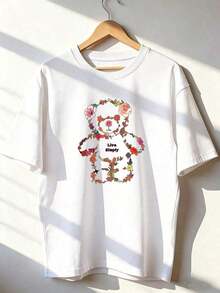 Sweet Vintage Floral Bear T-Shirt, Fashionable Short Sleeve T-Shirt For Spring And Summer 2026, Made In Mexico, Cartoon Print, Couple Model, Suitable For Indoor Or Outdoor Use. Crew Neck, Unisex, Ideal For Office And Leisure. - WH-P631557LNDXZGY310 - 查看 2