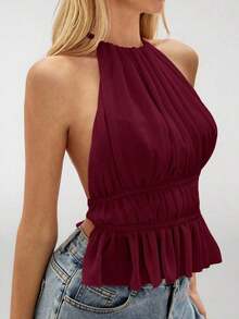 Top sin espalda con cuello de halter y cintura anudada con pliegues para mujer - Burdeos 2 - Ver 7