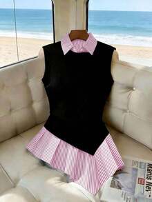 Camisa casual de mujer a rayas de moda en color negro, de corte slim y favorecedora - Rosa - Ver 6