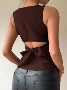 Blusa sin mangas con cuello redondo y lazo en la espalda, para uso casual y de oficina - Marrón 2 - Ver 3