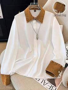 Camisa de efecto de mezclilla de parchwork casual para mujer, otoño/invierno - Albaricoque 2 - Ver 6