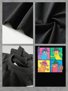 Colorful Graphic With A Cartoon Character In A Secret Agent Style Showing Different Funny Expressions And A Background Divided Into Vibrant Tones That Convey Energy And Humor. Casual And Comfortable Women's T-Shirt For Everyday Wear - 黑色 - 查看 4